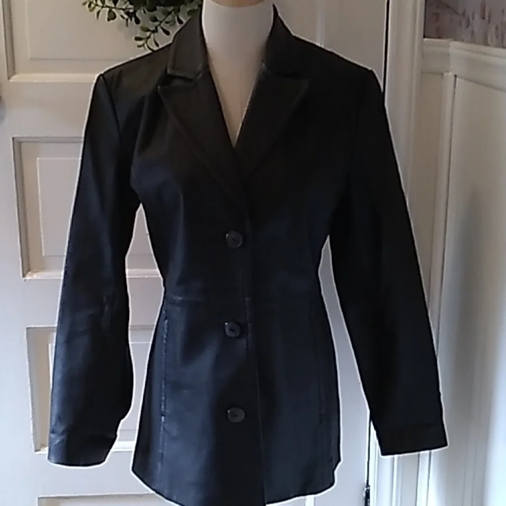Worthington black leather small trench coat